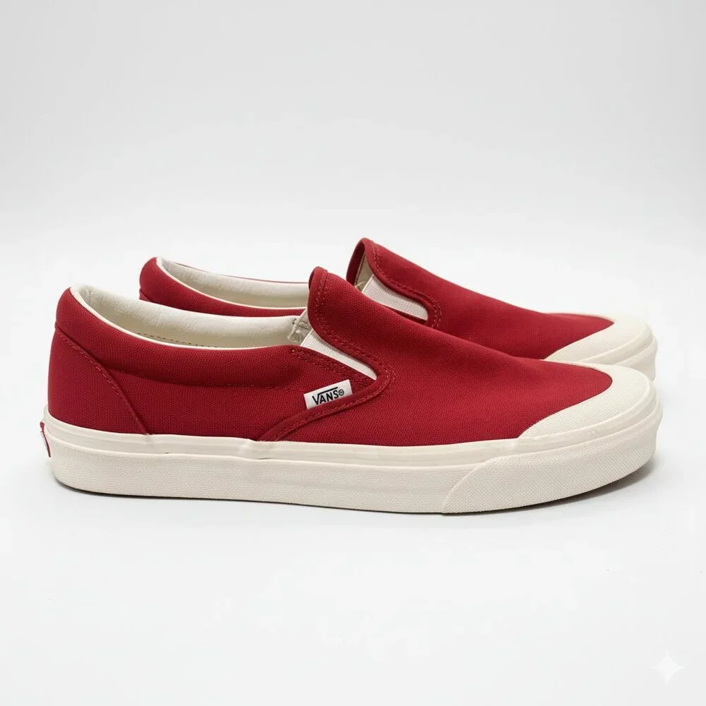 Vans Classic Slip-On Skate Shoes Off-White Toe Cap Red Canvas Men’s 10.5